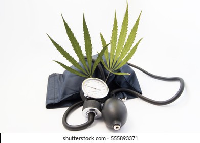 Weed (marijuana, Cannabis), Cardiovascular System And Blood Pressure. Two Cannabis Leaf Standing Upright Among Sphygmomanometer Inflated Cuff Close To The Measuring Scale Tonometer And Air Bulb