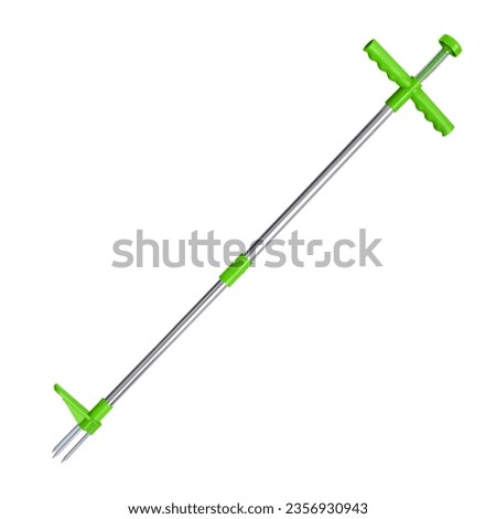 Weed puller linear isolated. Device for removing dandelion weeds by pulling the tap root. Weed control. Dandelion removal and weeder lawn tool with 3 claws.