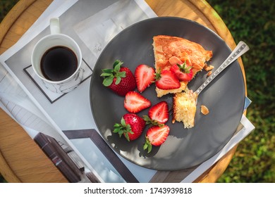 Weekend Breakfast Table Shot From Above. Rhubarb Cake With Strawberries And A Cup Of Coffee 