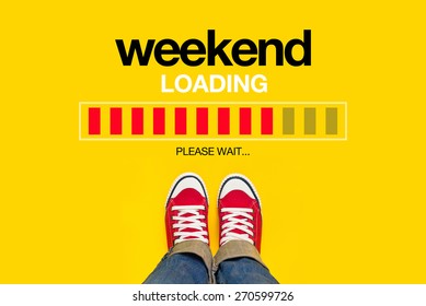 Weekend Loading Content with Young Person Wearing Red Sneakers from Above Standing in front of Loading Progress Bar, waiting for the End of the Week, Top View - Shutterstock ID 270599726