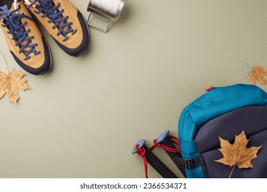 Weekend retreat surrounded by nature. Top view photo of metal cup, hiking shoes, backpack, trekking sticks, autumn leaves on green background with ad placement - Shutterstock ID 2366534371