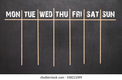 Weekly Calendar On Chalkboard Background. 7 Day Plan