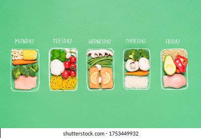 Weekly meal preparation concept with raw food ingredients in chalk-drawn lunch boxes on green background. Prep meals plan for the week. Healthy meals - Shutterstock ID 1753449932