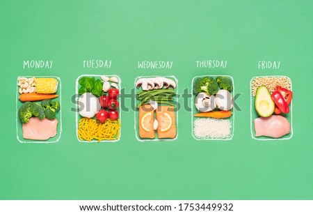 Weekly meal preparation concept with raw food ingredients in chalk-drawn lunch boxes on green background. Prep meals plan for the week. Healthy meals