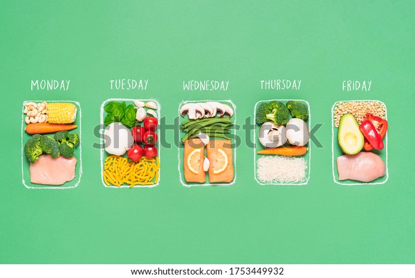 Weekly meal preparation concept with raw\
food ingredients in chalk-drawn lunch boxes on green background.\
Prep meals plan for the week. Healthy\
meals