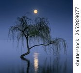 Weeping willow tree at night under full moon