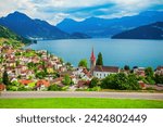 Weggis aerial panoramic view. Weggis is a town on the northern shore of Lake Lucerne in the canton of Luzern in Switzerland