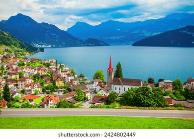 Weggis aerial panoramic view. Weggis is a town on the northern shore of Lake Lucerne in the canton of Luzern in Switzerland