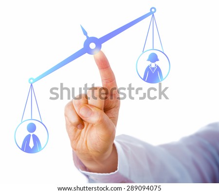 Weighing scale tilting towards a male white collar worker icon, thus favoring a male office worker over a female employee. Concept for career success, competition, gender gap and employment issues.