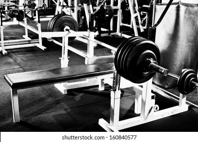 Weight In Dark Weight Room, Black-and-white Horizontal Photo