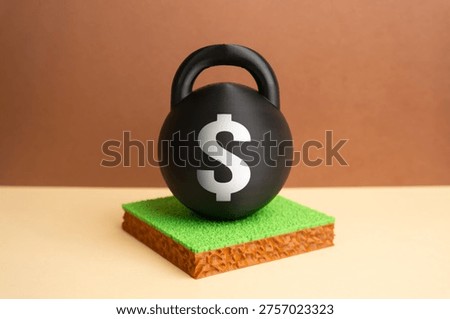 A weight with a dollar misplaced on a plot of land. High land value and investment pressure. Rising prices increase competition while influencing Real estate strategy and asset valuation.