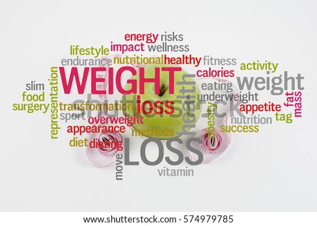 Weight Loss conceptual cloud text with fruits background.