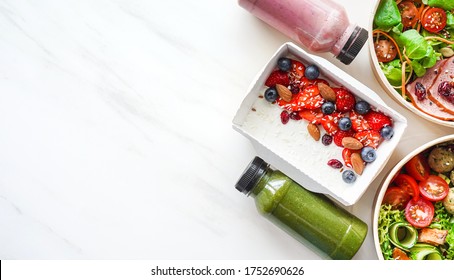 Weight Loss Diet Fresh Organic Meal Delivery Service Containers In Healthy Food Take Away Eco Boxes And Smoothie On Marble White Background, Daily Lunchbox Ready Menu Plan Concept. Flat Lay Top View.