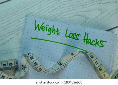 Weight Loss Hacks Write On A Book Isolated On Office Desk. Selective Focus On Weight Loss Hacks Text