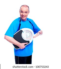 Weight Loss. Happy Senior Man With Scales. Isolated Over White.