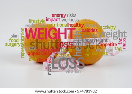 Weight loss word cloud with fruits background.