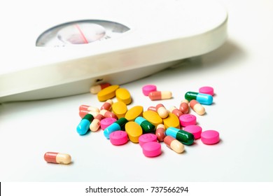 Weight Scale And Drugs To Lose Weight .Conception About Health Care, Selective Focus