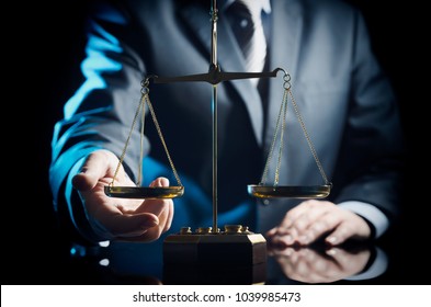 Weight Scale Of Justice, Lawyer In Background. Justice Law Lawyer Attorney Scale Weight Court Authority Concept