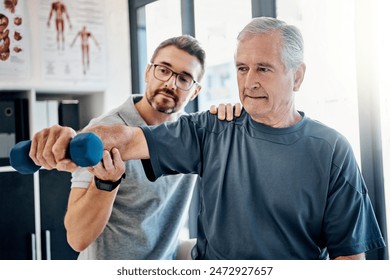 Weight, senior man and physiotherapy with chiropractor, wellness and client assessment at doctor. Consultation, rehabilitation and arm exercise from physical therapy and recovery of patient with care - Powered by Shutterstock