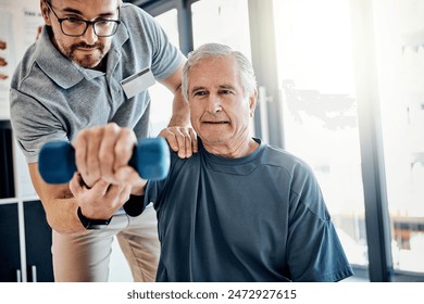 Weight, senior man and physiotherapy with clinic therapist, wellness and client assessment with dumbbell. Consultation, rehabilitation and arm exercise from physical therapy and recovery of patient - Powered by Shutterstock