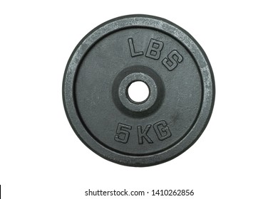 Weight for sport isolated on white background. Gym equipment 5 kilograms (kg.), Black metal barbell tool plate for exercise and fitness. Dumbbell heavy concept. Top-down, Overhead with cut out 