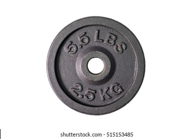 Weight for sport isolated on white background. Gym equipment 2.5 kilograms (kg.), Black metal barbell tool plate for exercise and fitness. Dumbbell heavy concept with cut out.