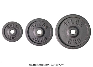 Weight for sport isolated on white background. Gym equipment 1.5, 2.5, 5 kilograms (kg.), Black metal barbell tool plate for exercise and fitness. Three dumbbell heavy concept. Top view with cut out