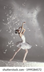 Weightlessness, Tender. Young Graceful Beautiful Woman, Balerina In Image Of White Swan With Feathers In Art Performance Isolated On White Background. Side View.