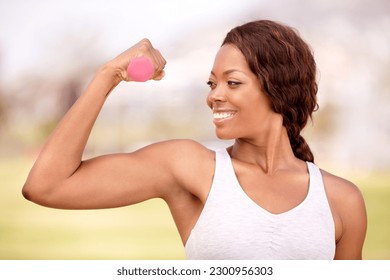 Weights, exercise and black woman flex in park for fitness, body builder training and workout. Sport, strength and happy female athlete weightlifting for wellness, healthy lifestyle and strong muscle - Powered by Shutterstock