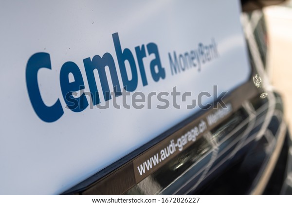 WEINFELDEN,\
SWITZERLAND - MARCH 1, 2020: Cembra money bank is a swiss credit\
institute, offering a car financing as\
well.