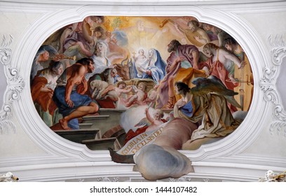 WEINGARTEN, GERMANY - JULY 12, 2018: Nativity Scene, Birth of Jesus, fresco by Cosmas Damian Asam in the Basilica of St. Martin and Oswald in Weingarten, Germany