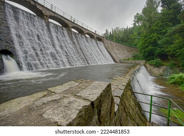 Weir In Gradual Falling Water Dam Close Up