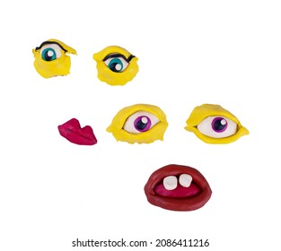 Weird Crazy Plasticine Eyes And Lips Isolated On White Background. Good For Modern Photo Collage