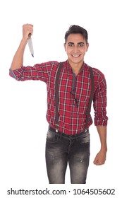 Weird Man With Weird Face Emotion Raising The Knife Like Going To Kill Someone, Isolated On A White Background.