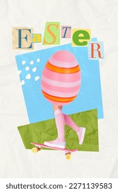 Weird postcard collage picture person and drawing color easter egg body ride fast seasonal sale