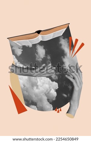 Weird poster banner of magic book open showing black white effect sky spiritual knowledge for humans