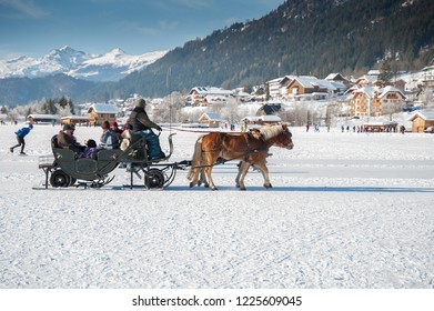 Weissensee, Carinthia/Austria 03.15.2008 Romantic Horsedrawn Sleigh Ride On The Natural Ice In Weissensee