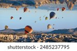 Welcome to amazing Cappadocia concept image. Hot air balloons soar in fantastical realm where parallel worlds collide. Surreal scene with dreamlike physics