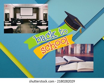 Welcome Back To School Text Image With School Stuff And Elements.  Illustration Of A Banner Or Pamphlet.