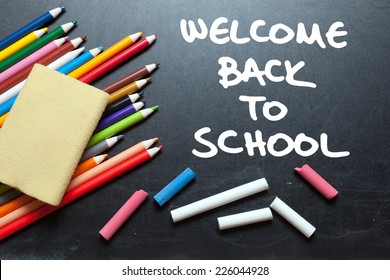 Welcome Back School Written On Blackboard Stock Photo 226044928 ...