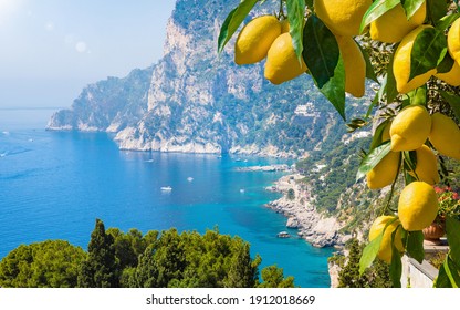 Welcome to Capri concept image. Daylight view of Marina Piccola and Monte Solaro, Capri Island, Italy. Sunny summer weather, clear blue sea and sky. Ripe yellow lemons in foreground.