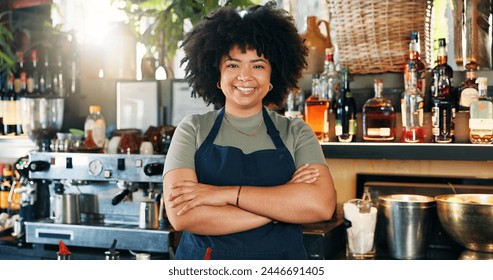 Welcome, coffee shop and portrait of woman with confidence at counter, waitress or barista at restaurant startup. Bistro, bar service and drinks, happy small business owner, manager or boss at cafe. - Powered by Shutterstock