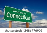 Welcome To Connecticut Green Road Sign Over Blue Sky with Some Clouds.