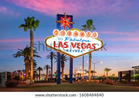 The Welcome to Fabulous Las Vegas sign in Las Vegas, Nevada USA at sunset
