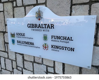 Welcome to Gibraltar sign with twinned cities. Gibraltar, 18th May 2021