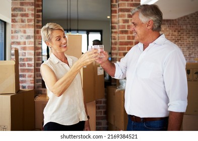 Welcome Home Honey. Shot Of A Mature Couple Toasting With Water After A Successful Day Moving House.