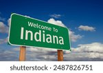 Welcome To Indiana Green Road Sign Over Blue Sky with Some Clouds.