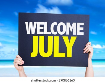 Welcome July Card With Beach Background