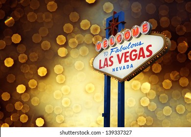 Welcome To Las Vegas neon sign with light bokeh background