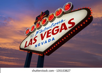Welcome to Las Vegas Sign neon light on sunset sky